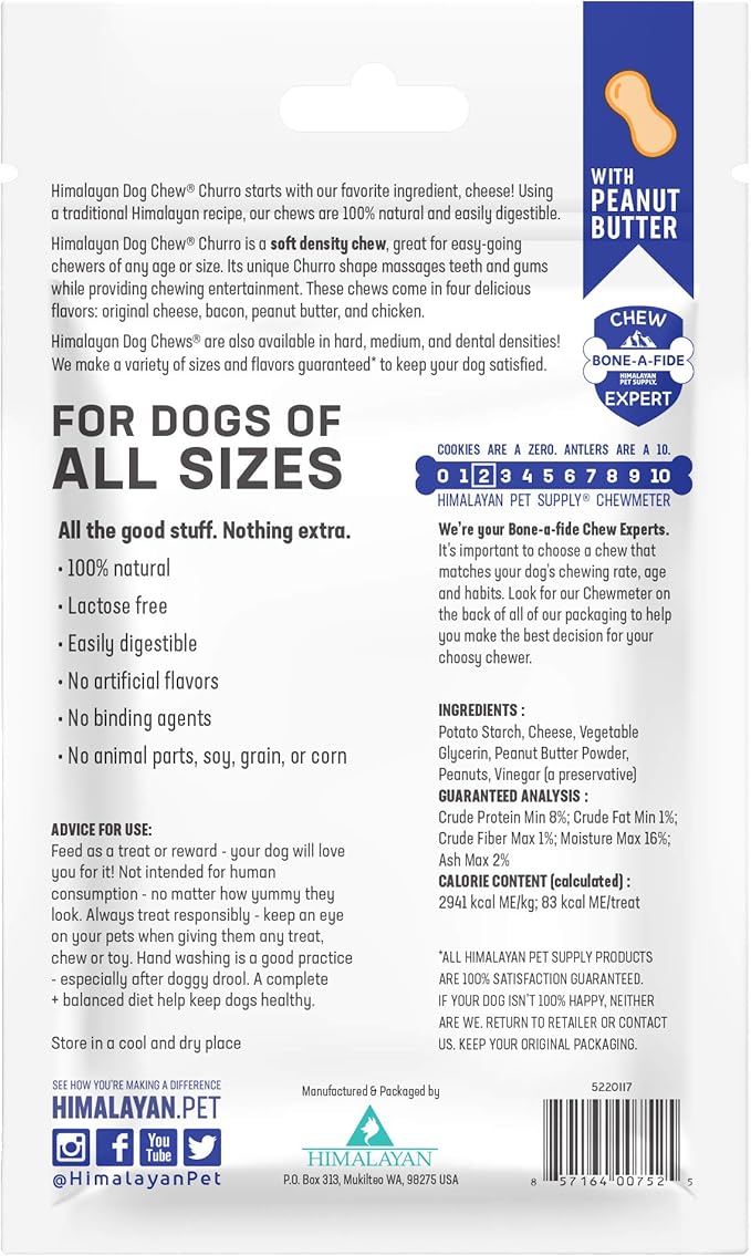 Himalayan Dog Chew Churro Yak Cheese Dog Chews, 100% Natural, Long Lasting, Gluten Free, Healthy &amp; Safe Dog Treats, Lactose &amp; Grain Free, Protein Rich, Real Peanut Butter Flavor, 4 Churros Per Pouch