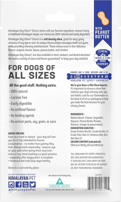Himalayan Dog Chew Churro Yak Cheese Dog Chews, 100% Natural, Long Lasting, Gluten Free, Healthy &amp; Safe Dog Treats, Lactose &amp; Grain Free, Protein Rich, Real Peanut Butter Flavor, 4 Churros Per Pouch