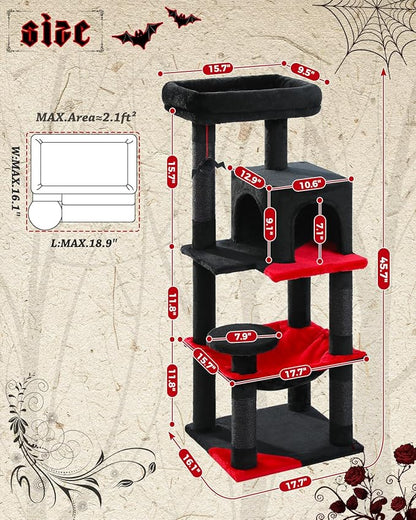 Gothic Cat Tree with Super Large Hammock, 45.7" Black Cat Tower with Coffin Bed, Cat Condo, Sisal Scratching Posts &amp; Top Perch, Multi-Level Goth Cat Tree, Halloween, Black