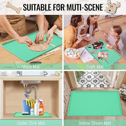 MateeyLife Dog &amp; Cat Food Mat - Waterproof, Nonslip, Raised Edges, Silicone Tray for Messy Drinkers, 24"x16", Mint Green
