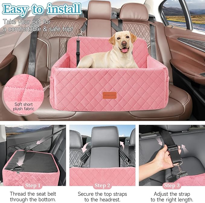 Dog Car Seat for Medium/Large Dogs, Pet Booster Seat for Under 55 lbs or 2 Small Dogs, Detachable &amp; Washable Dog Car Bed for Backseat with 2 Safety Leashes (Pink)