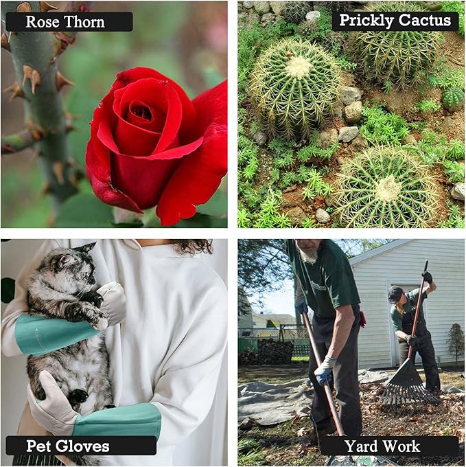HANDLANDY Long Gardening Gloves for Men &amp; Women, Thorn Proof Rose Pruning Gloves Leather Gauntlets Garden Glove Yard Work Glove (Large, Green)