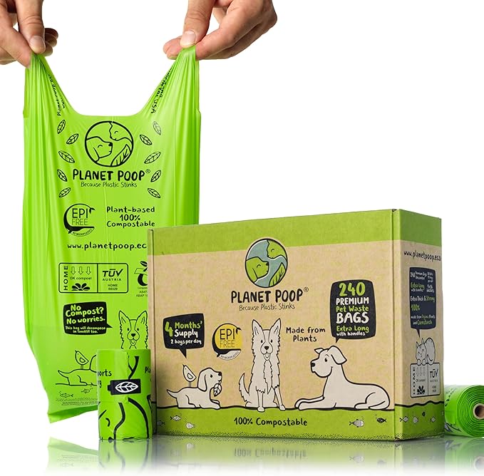 PLANET POOP Home Compostable Dog Poop Bags Extra-long with Handles 240 Un-Scented Pet Waste Bags Plastic Free, Thick Leakproof Plant-Based Doggy Bag, Cats &amp; Dogs Pet Supplies