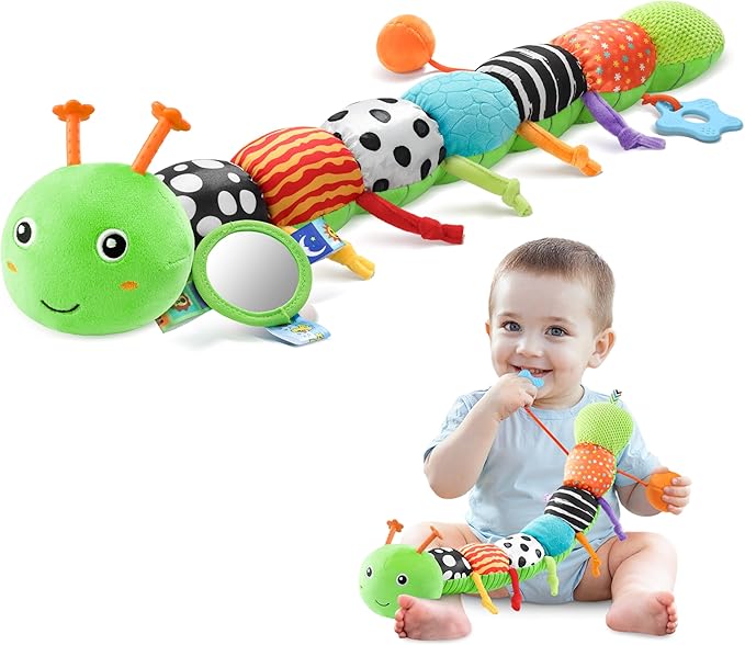 Baby Toys 0-6-12 Months,Musical Caterpillar Stuffed Animals Activity Infant Toys with Crinkle,Rattles,Mirror&amp;Pull String,Muti-Sensory Toys Gifts for Newborn Tummy Time,Green,Knot prolegs