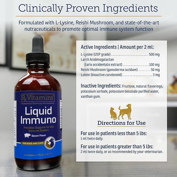 Rx Vitamins Liquid Immuno Dog &amp; Cat Immune Support - Reishi Mushroom Supplement for Dogs &amp; Cats Plus L-Lysine for Cats - Ideal Dog Eye Supplements, Immunity Booster Cat Supplements - 4 oz