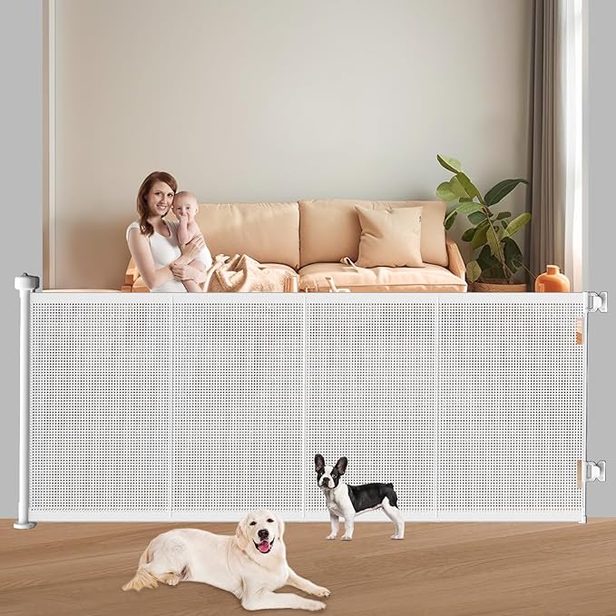 Pawtners Retractable Baby Gates Extra Wide, 41" Tall Extends up to 71" Wide, Dog Gate Indoor with for Stairs, Pet Gate with Support Rods for Doorways Hallways Indoor &amp; Outdoor-White