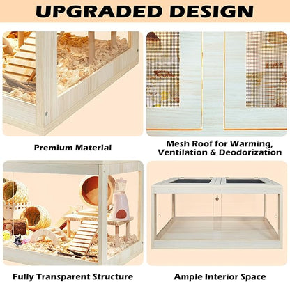 Prolee Hamster Cage Wooden, Mice and Rat Habitat, Hamster Cage with Openable Mesh Top, Clear Acrylic Solid Built with Lock Design, Oak 40"