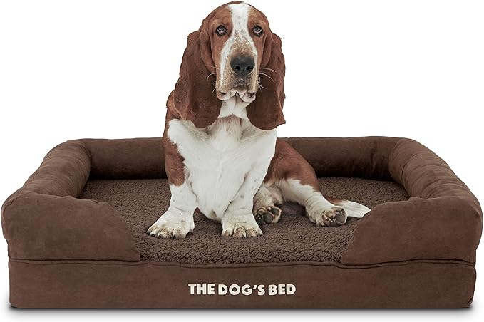 The Dog’s Bed, Large Brown Plush 36x27, Memory Foam, Pain Relief: Arthritis, Hip &amp; Elbow Dysplasia, Post Surgery, Lameness, Supportive, Calming, Waterproof Washable Cover, Veterinary Approved