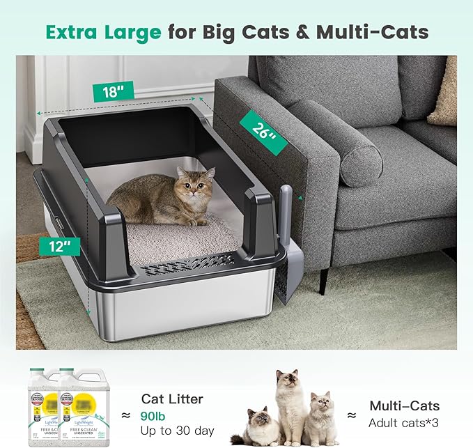 Tripamin XXL Stainless Steel Litter Box with High Sides 26"x18"x12" Extra Large Metal Litter Box for Big Cats &amp; Multiple cat, Jumbo Top Entry Litter Pan with lid (Black, XX-Large)