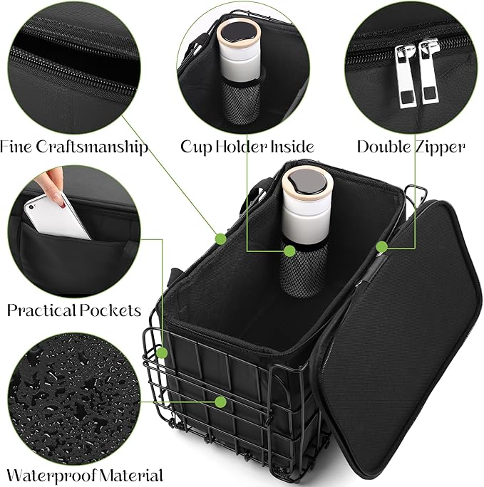 Aodaer Bike Basket with Removable Liner Bag Cargo Net Large Folding Bike Basket Quick Release Metal Ebike Basket Bicycle Storage Basket for Carrying Fruit &amp; Grocery Pets Dogs