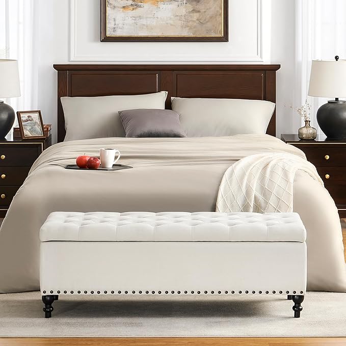 Ottoman with Storage,50.2-inch Upholstered End of Bed Storage Bench for Bedroom,for The Living Room,for Entryway, with Rivets &amp; Button and Safety Hinges,Detachable (White)