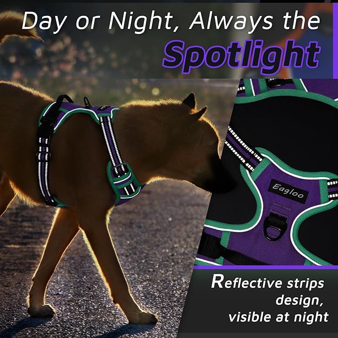 Eagloo Dog Harness for Large Dogs, No Pull Service Vest with Reflective Strips and Control Handle, Adjustable and Comfortable for Walking, No Choke Pet Harness with 2 Metal Rings, Purple &amp; Green, L
