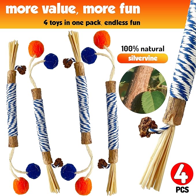 Catnip 4PCS Chew Stick with Wrapped Cotton Rope – Natural Dental Care Cat Toy for Teeth Cleaning &amp; Gum Health, Satisfies Chewing Instincts, Safe &amp; Long-Lasting Kitten Teething Toy