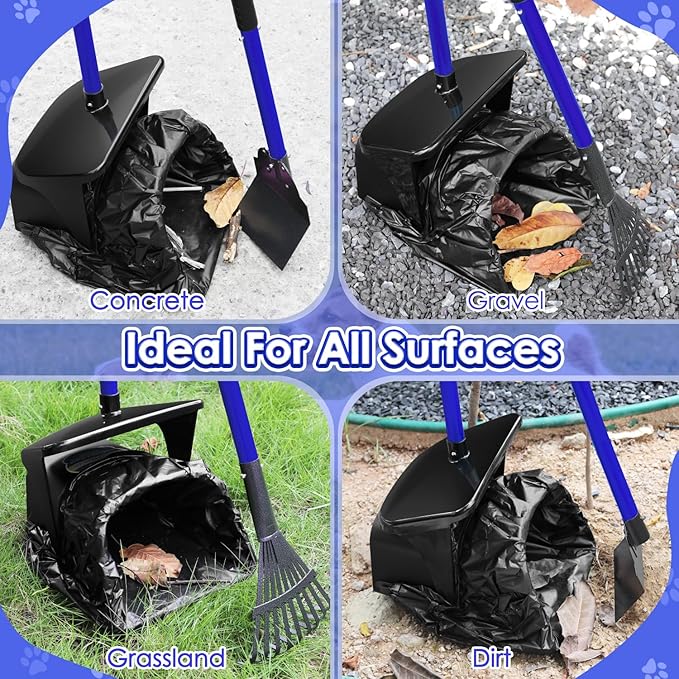 Lukovee Dog Pooper Scooper, 37.4" Long Adjustable Metal Handle Swivel Bin &amp; Rake &amp; Spade Kit with 20 Poop Bags, Portable Dog Non-Breakable Poop Scooper for Gravel Yard Lawn Grass, Blue