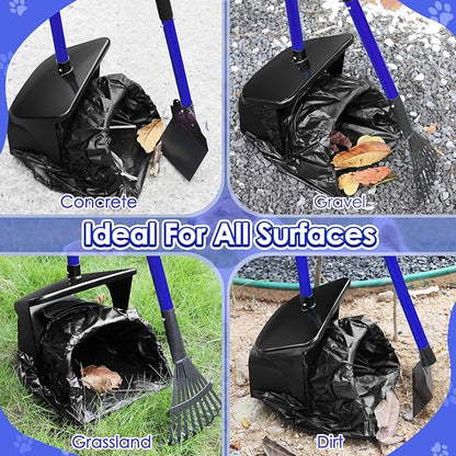 Lukovee Dog Pooper Scooper, 37.4" Long Adjustable Metal Handle Swivel Bin &amp; Rake &amp; Spade Kit with 20 Poop Bags, Portable Dog Non-Breakable Poop Scooper for Gravel Yard Lawn Grass, Blue