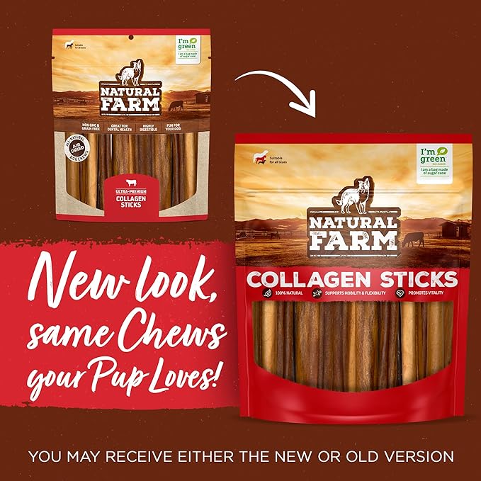 Natural Farm Collagen Dog Chews (12 Inch, 5 Pack), Odor-Free Long Lasting Bully Sticks &amp; Rawhide Alternative Dog Treats, 95% Collagen Low Fat, High Protein – Medium &amp; Large Dogs