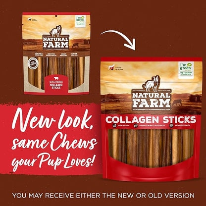 Natural Farm Collagen Dog Chews (12 Inch, 5 Pack), Odor-Free Long Lasting Bully Sticks &amp; Rawhide Alternative Dog Treats, 95% Collagen Low Fat, High Protein – Medium &amp; Large Dogs