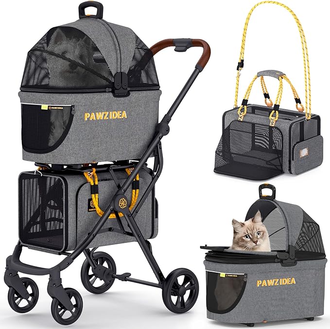 PAWZIDEA Double Pet Stroller with 2 Detachable Carriers, Portable Dog Crate for Car Travel &amp; TSA-Approved Expandable Cat Carrier, Foldable Lightweight Jogger Stroller for 2–4 Cats or Small/Medium Dogs