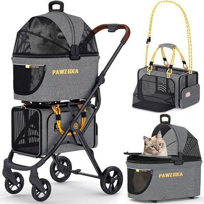 PAWZIDEA Double Pet Stroller with 2 Detachable Carriers, Portable Dog Crate for Car Travel &amp; TSA-Approved Expandable Cat Carrier, Foldable Lightweight Jogger Stroller for 2–4 Cats or Small/Medium Dogs