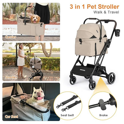 X2 Pet Stroller, Dog Cat Stroller for Small Pets Under 44lbs, Equipped with Detachable &amp; Foldable Carrier, Waterproof Pad &amp; Sunshade Canopy,Camel (Camel)