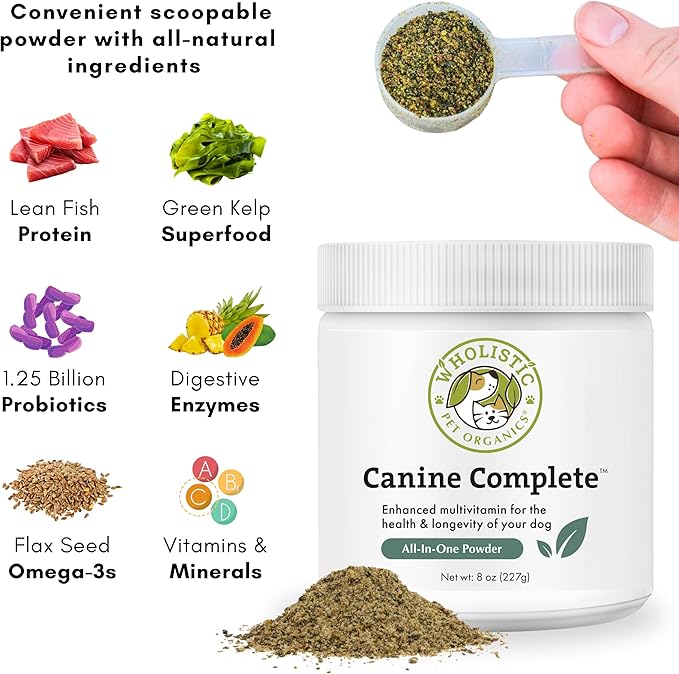 Wholistic Pet Organics Canine Complete - Dog Multivitamin Powder - 8 Oz - Daily Dog Vitamins and Supplements for Homemade Food - Immune System, Skin, Coat &amp; Overall Health - Small and Large Breed