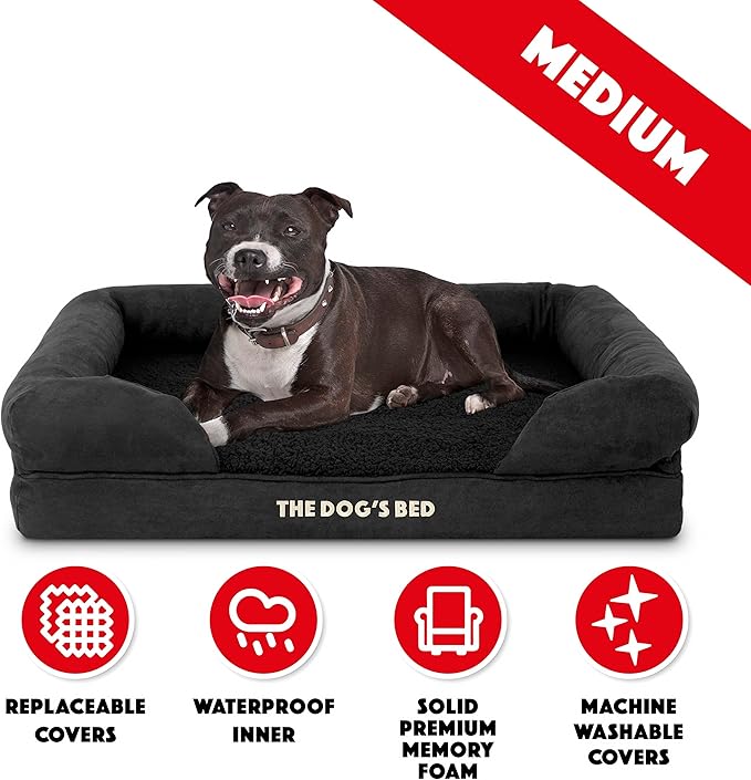 The Dog’s Bed, Medium Black Faux PL 30x23.5, Memory Foam, Pain Relief: Arthritis, Hip &amp; Elbow Dysplasia, Post Surgery, Lameness, Supportive, Calming, Washable Cover, Veterinary Approved