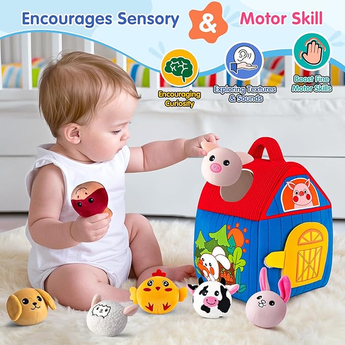 Baby Toys 6-12 Months, Barn with Stuffed Farm Animals, Montessori Toy for Babies, Sensory Toys for Toddlers 1-3, Portable Baby Farmhouse Toy, Birthday Gift for Infants &amp; Toddlers