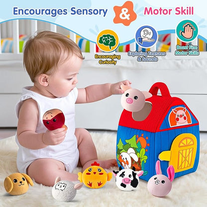Baby Toys 6-12 Months, Barn with Stuffed Farm Animals, Montessori Toy for Babies, Sensory Toys for Toddlers 1-3, Portable Baby Farmhouse Toy, Birthday Gift for Infants &amp; Toddlers