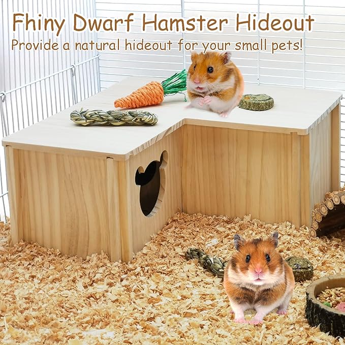 Fhiny Wooden Hamster House, Multi-Chamber Hamster Hideout &amp; Tunnel Detachable Activity Room Exploring Toys Rats Habitat Decor for Dwarf Hamsters Gerbils Mice Lemmings (Small)