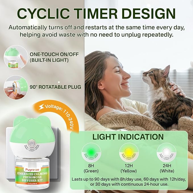 Cat Calming Diffuser with Three Timing Functions, 3-in-1 Cat Pheromones Calming Diffuser Kit, 60-Day Anxiety Relief, Stress Reduction &amp; Relaxation for All Cats (1 Diffuser + 2 Refills)