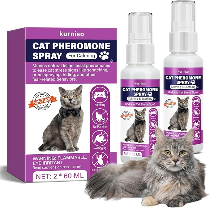 Cat Calming Pheromone Spray, 2 Pack, Calming Spray for Cat Anxiety Relief, Reduce Stress, Hiding &amp; Scratching Furniture - During Travel, Fireworks, Thunder, 60 ML