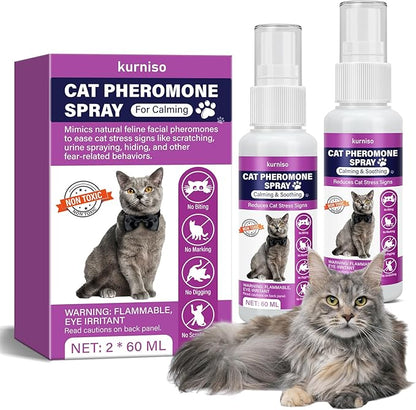 Cat Calming Pheromone Spray, 2 Pack, Calming Spray for Cat Anxiety Relief, Reduce Stress, Hiding &amp; Scratching Furniture - During Travel, Fireworks, Thunder, 60 ML