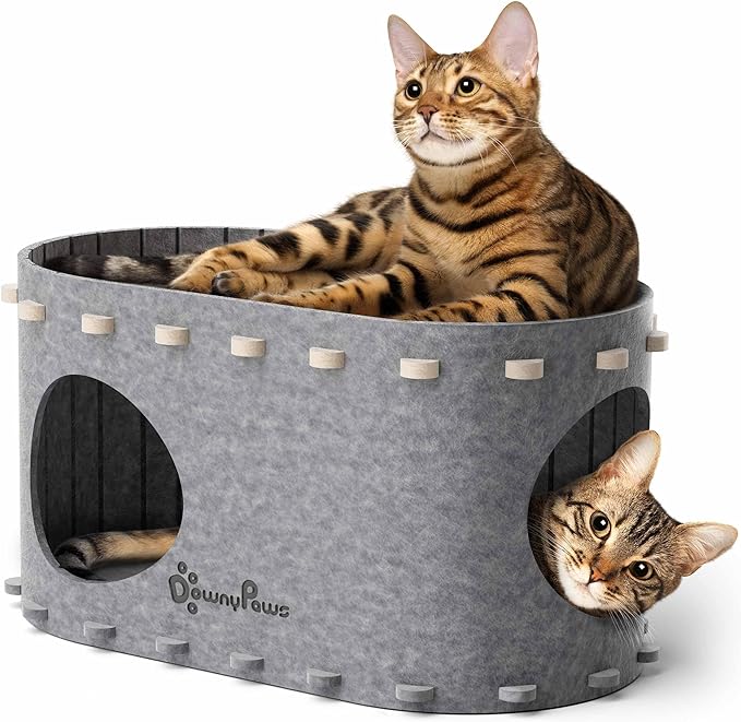DownyPaws Cat House for Indoor Cats, Cat Bed Cave for Multiple &amp; Large Cats Up to 22 Lbs, Scratch Resistant, Foldable Peekaboo Kitten Caves Tunnel Enclosed Bed, PeekaPurr, Light Gray