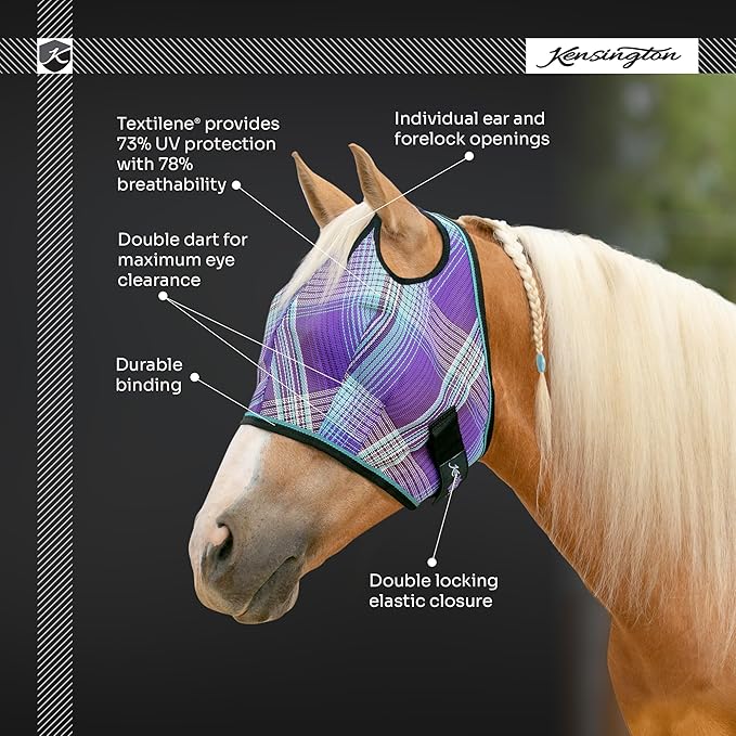 Kensington UV Horse Fly Mask with Web Trim - Protective Mask with Dual Ear Opening &amp; Forelock Freedom - XLarge, Deluxe Black