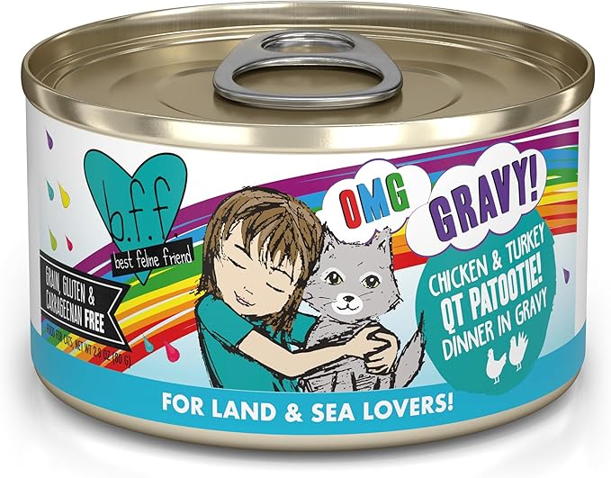 Weruva B.F.F. OMG - Best Feline Friend Oh My Gravy! Grain-Free Wet Cat Food Cans, QT Patootie! Chicken &amp; Turkey, 2.8 oz Can (Pack of 12)