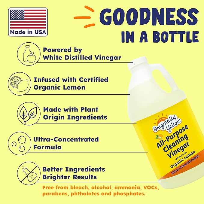 Originally Yellow Lemon Vinegar For Cleaning Purpose | USA Made All Purpose Cleaner | Use as a Floor, Glass, Kitchen, &amp; Bathroom Cleaner | Plant Derived Vinegar 1 Gallon in 2 bottles | 128 Oz