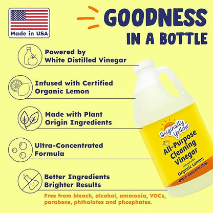 Originally Yellow Lemon Vinegar For Cleaning Purpose | USA Made All Purpose Cleaner | Use as a Floor, Glass, Kitchen, &amp; Bathroom Cleaner | Plant Derived Vinegar 1 Gallon in 2 bottles | 128 Oz