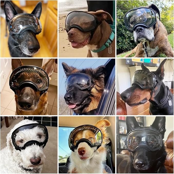 NAMSAN Clear Dog Goggles for Large Dogs, Wide Eyecup &amp; Soft Frame, Anti-UV Sunglasses for Dogs Medium to Large Breed, Driving Dog Eye Protection, Windproof Dustproof, Adjustable, Black Frame