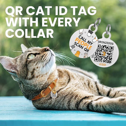 BRONZEDOG Leather Cat Collar with Removable Bells Non Breakaway Kitten QR Tag for Girl Boy (7" - 9" for Cats, Purple &amp; Gold)