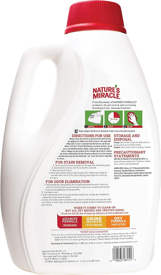 Nature’s Miracle® Stain &amp; Odor Remover, Tough on Dog Urine, Feces, Vomit, Drool and Other Organic Stains and Odors, 1 Gallon