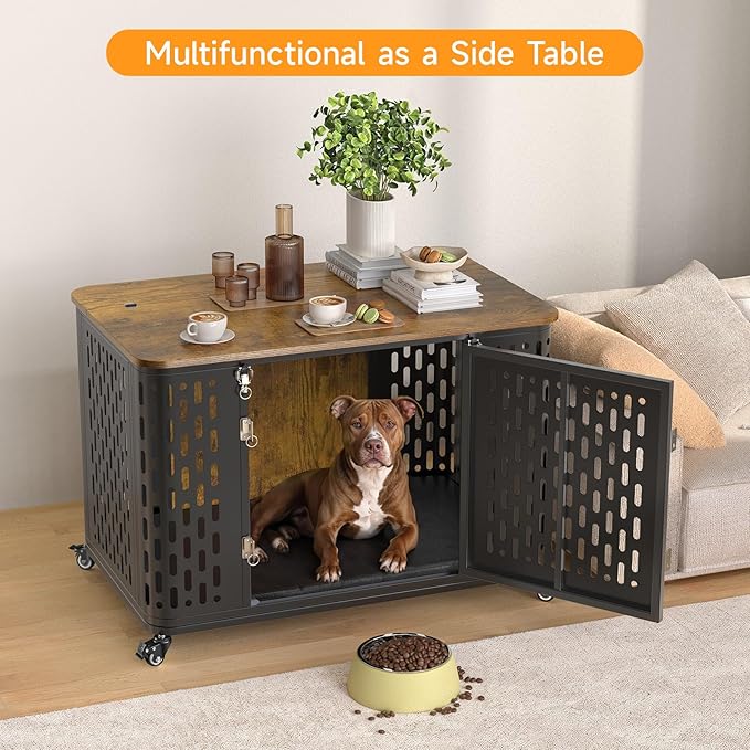 Dog Crate with Cushion, 38" Wood Heavy Duty Dog Crate Furniture with Flip Top &amp; Wheels for High Anxiety Dogs, Escape Proof Pet Cage for Small/Medium Dogs