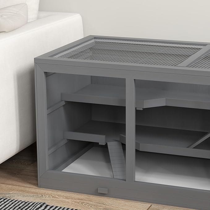 PawHut 45" Extra Large Wooden Hamster Cage, 3-Layer Chewproof Rat Cage with Opening Roof, Hut, Ramps, for Gerbil, Dwarf &amp; Syrian Hamsters, Gray