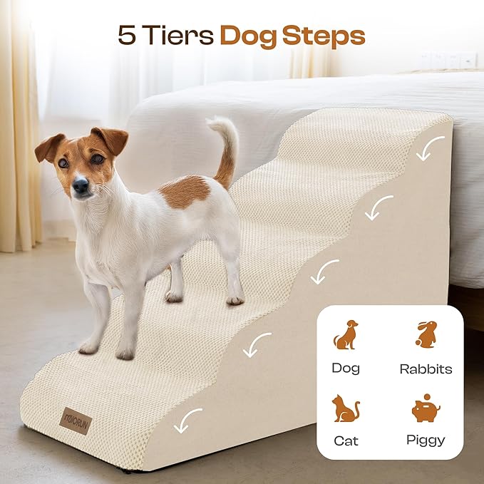 Dog Stairs for High Beds, Extra Tall 24.5" 5-Step Pet Steps for Medium &amp; Small Dogs, Foam Ramp for Tall Couch &amp; Bed, Washable Cover - Dog Steps for Bed