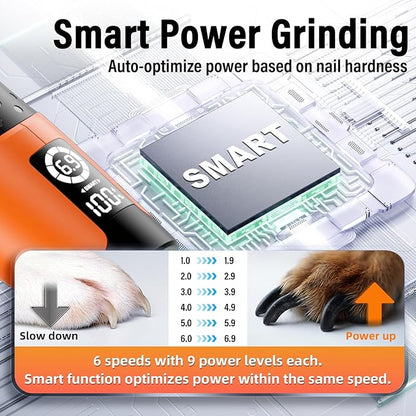 Casfuy Smart 6-Speed Dog Nail Grinder - 50% More Power Pet Nail Grinder with 2 LED Lights Quiet Rechargeable Electric Dog Nail Trimmers File Toenail Grinder for Large Medium Small Dogs &amp; Cats(Orange)