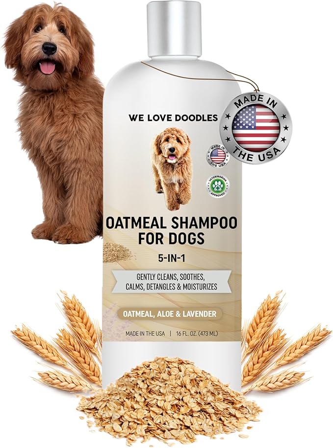 5-in-1 Premium Oatmeal Shampoo for Dogs, Gentle for Itchy &amp; Sensitive Skin, Provides Itch Relief, Hypoallergenic &amp; Soothing for Dry Skin, Moisturizing Anti-Itch, Made in USA, 16 oz [We Love Doodles]