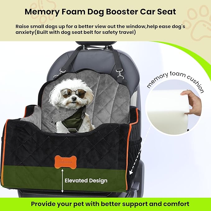 Dog Car Seat for Small Dogs Under 30lbs, Detachable Washable Pet Booster Seat with Safety Belt &amp; Storage Pockets, Travel Car Bed, Black/Grey