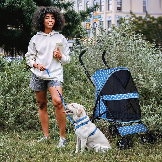 MoNiBloom 4 Wheels Pet Stroller, Easy-Fold Umbrella Shaped Dog Cat Jogger Stroller w/Storage Bag &amp; Visible Mesh for Small/Medium Dogs Cats Sky Blue Polka Dots