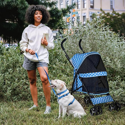 MoNiBloom 4 Wheels Pet Stroller, Easy-Fold Umbrella Shaped Dog Cat Jogger Stroller w/Storage Bag &amp; Visible Mesh for Small/Medium Dogs Cats Sky Blue Polka Dots