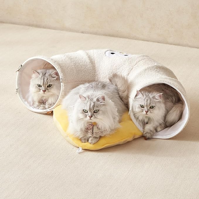 EHEYCIGA Cat Tunnel Bed for Indoor Cats, Cute Cat Donut Toy Tunnel for Small Large Cats with Washable Circle Cushion, Peekaboo Pet Cave Play Tunnel for Kitten, Puppy, Rabbit