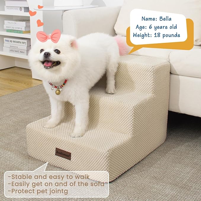Dog Stairs for Small Dogs &amp; Cats, 3-Step Non-Slip Pet Steps for Couch Sofa and Chair, Beige, 13.6" H